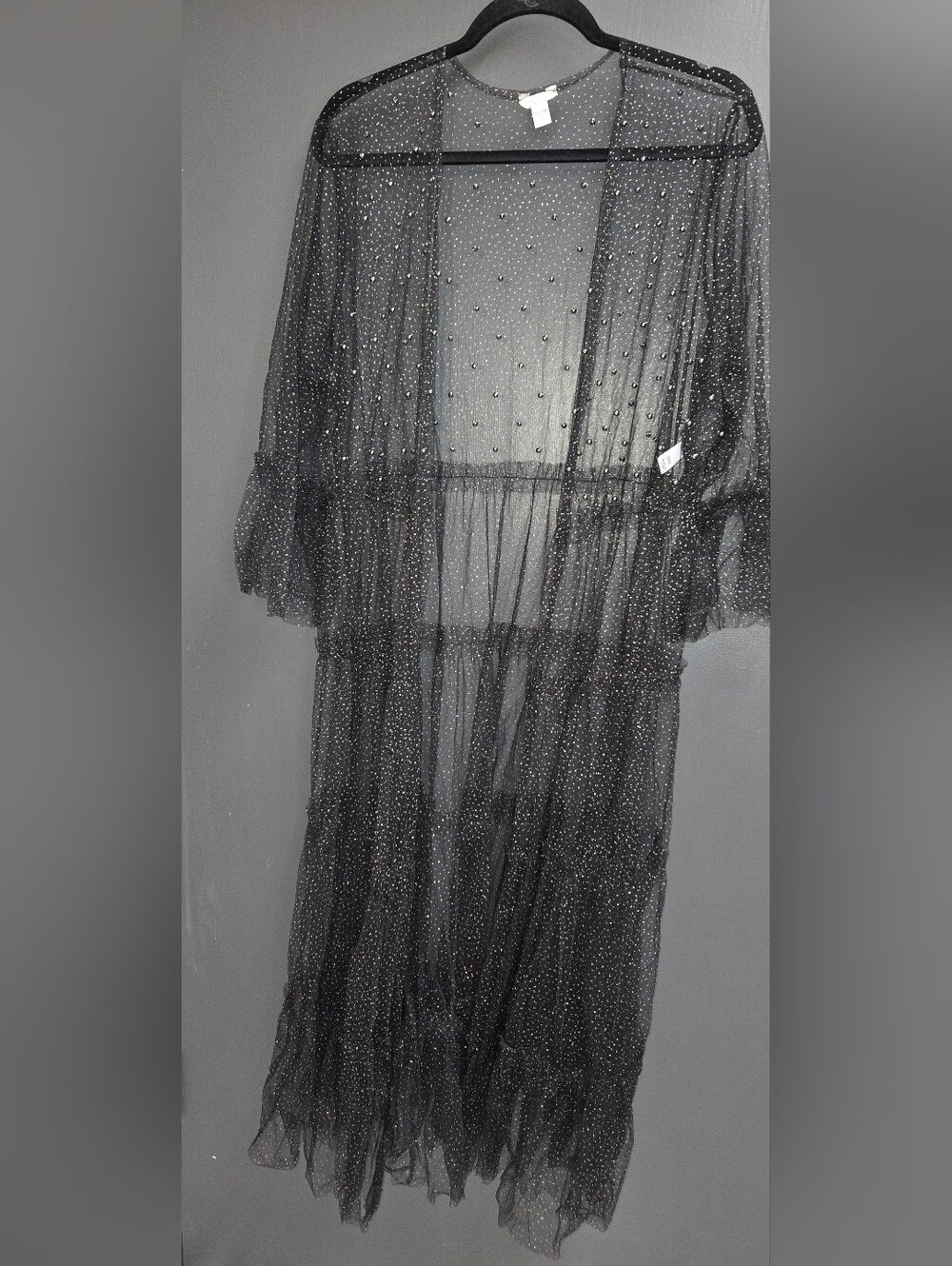 Plus Size Sheer Sparkle Maxi Robe Duster - Black